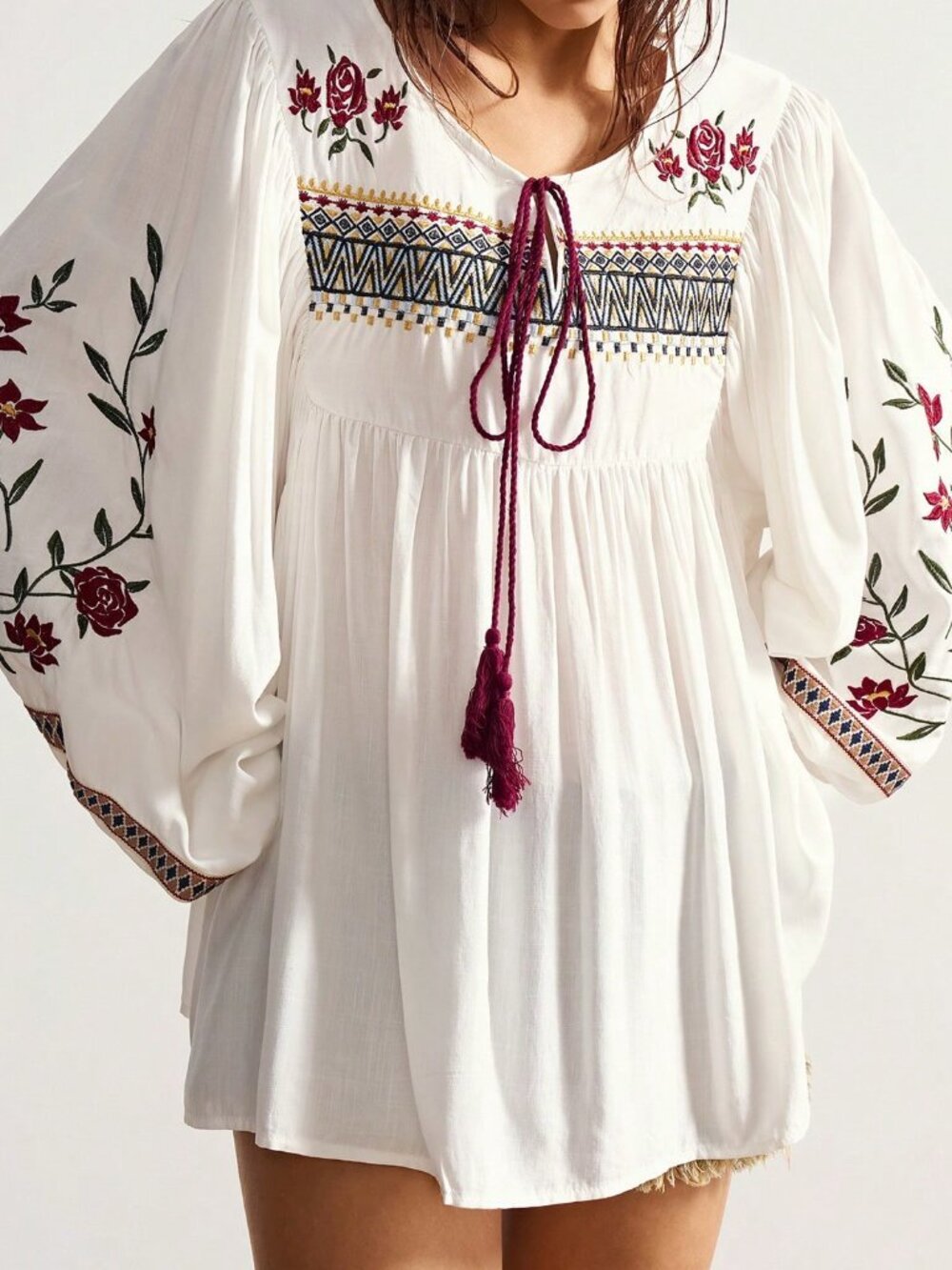 White Boho Women's Floral Knot Front Long Sleeve Casual Blouse - Picture 4 of 7